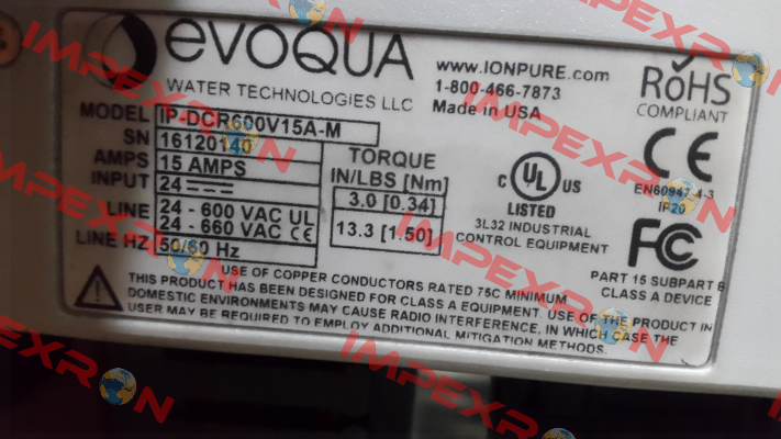 Model: IP-DCR600V15A-M Evoqua Water Technologies